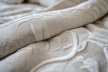 Poster - Soft beige fabric with intricate patterns draping over a bed, creating a cozy atmosphere in a modern bedroom