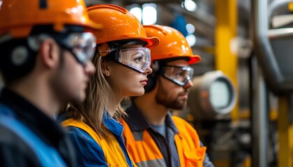 Poster - Focused workers in protective gear evaluate industrial equipment while ensuring safety and efficiency in a manufacturing environment.