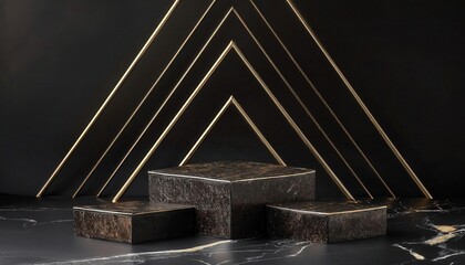 Poster - luxury black marble podium with gold geometric frame, dark minimalist product display, premium stage for branding, art deco style

