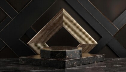 Poster - luxury black marble podium with gold geometric frame, dark minimalist product display, premium stage for branding, art deco style

