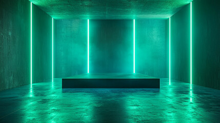 Poster - Abstract teal green neon lights glowing in dark concrete room style image scene color modern design