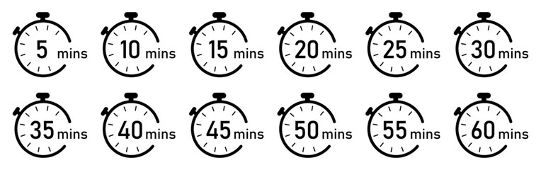 Timer, clock, stopwatch vector icon set from 5 to 60 minutes. 5, 10, 15, 20, 25, 30, 35, 40, 45, 50, 55, 60 min, timer clock isolated vector illustration. Flat style. Countdown icons.