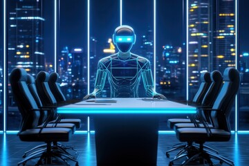 Poster - A futuristic conference room featuring a holographic robot, illuminated against a city skyline, suggesting advanced technology and AI integration in business.