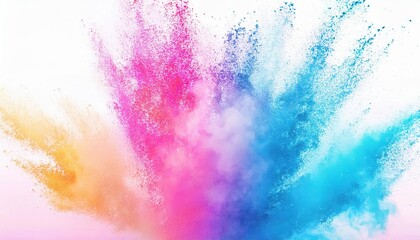 Poster - vibrant explosion of colorful powder in blue, pink, and yellow on white background, perfect for creative design and artistic projects

