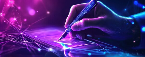Fototapete - A hand holding a pen writes on a futuristic surface illuminated with vibrant purple and blue lights, suggesting creativity and technology.