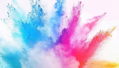 Poster - vibrant explosion of colorful powder in blue, pink, and yellow on white background, perfect for creative design and artistic projects


