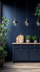 Aufkleber - a beautifully designed modern kitchen features deep blue walls and stylish pendant lights, complemen