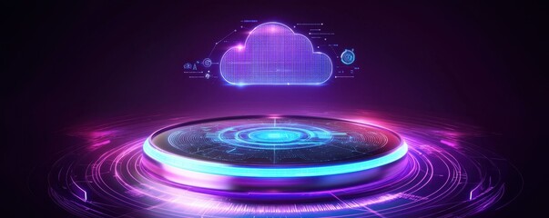 Poster - A vibrant digital illustration of a cloud icon surrounded by glowing circular elements, representing cloud computing and technology.