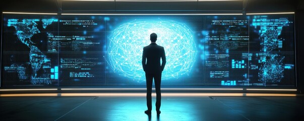 Poster - A silhouette of a person stands before a futuristic data wall, illuminated with blue light and complex digital graphics, suggesting high-tech analysis and exploration.