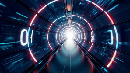 Digital tunnel with binary code and glowing, visualizing data transmission through a high-speed network with motion blur effect