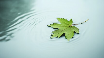 Poster - A single green leaf floating on a white, empty surface