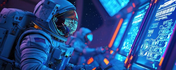 Poster - Astronauts operate advanced technology in a futuristic control room, illuminated by vibrant blue and orange lights.