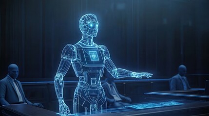 Poster - A holographic robot stands at a table, interacting with seated figures, showcasing advanced technology in a futuristic setting.