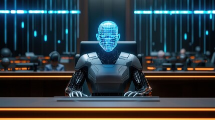 Poster - A futuristic robotic figure with a digital face sits at a high-tech desk in a modern, illuminated environment, suggesting advanced AI integration.