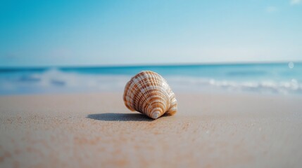 Poster - A solitary seashell placed in the center of a smooth sandy beach