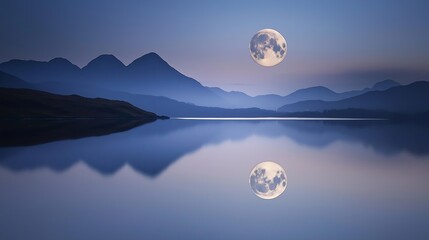Poster - A still lake reflecting a full moon, with no other objects in sight