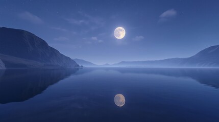Poster - A still lake reflecting a full moon, with no other objects in sight