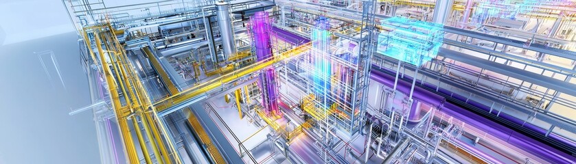Poster - A vibrant industrial scene depicting complex pipes and structures, showcasing a blend of technology and engineering with a futuristic aesthetic.