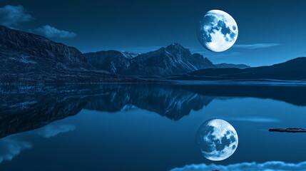 Poster - A still lake reflecting a full moon, with no other objects in sight