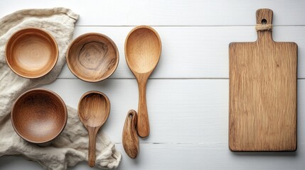 Poster - Various wooden bowls and spoons are thoughtfully placed on a light-colored surface alongside a cutting board