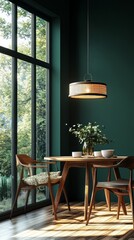 Poster - In a stylish kitchen, sunlight pours through large windows, illuminating dark walls and elegant wooden furniture
