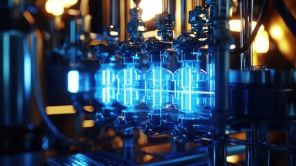 Poster - A close-up view of blue-lit machinery, showcasing intricate components and glowing elements, highlighting technology and innovation.