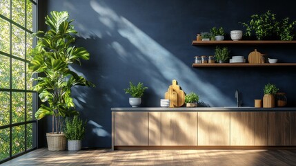 Poster - Sunlight floods a modern kitchen with rich wood cabinetry and lush plants, creating a serene atmosphere ideal for culinary creativity