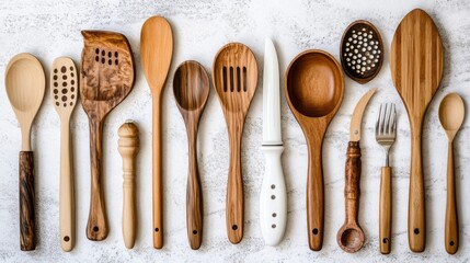 Poster - A delightful collection of wooden kitchen utensils rests on a light countertop, showcasing various shapes and sizes that invite culinary creativity. Ideal for any chef's workspace