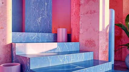 Poster - A colorful abstract scene with geometric shapes and a plant in a pot.
