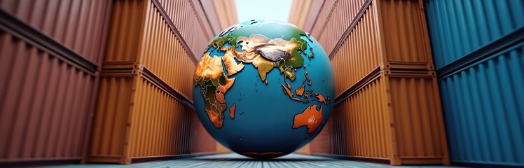 Aufkleber - Globe surrounded by shipping containers restricted international trade. Towers of colorful cargo containers restrict world trade, management. Global import, export supply chain faces challenges due