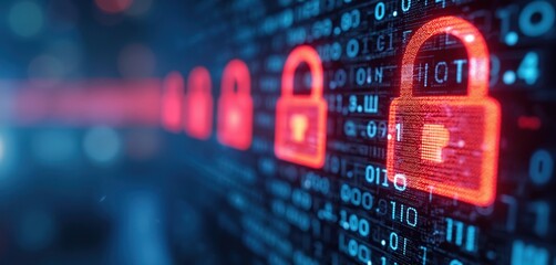 Fototapete - Digital display of binary code with prominent red security lock icons. Illustrates data protection, cyber security, encryption, firewall tech. Signifies privacy, safety, secure access, system control