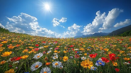 a flourishing meadow with colorful wildflowers beneath a warm and radiant blue sky