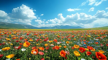 colorful wildflowers in a blooming meadow stretching under a radiant blue sky