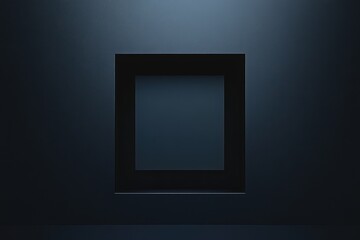 Poster - empty frame on blue wall: a stark, modern black picture frame hangs centered against a subtly lit bl