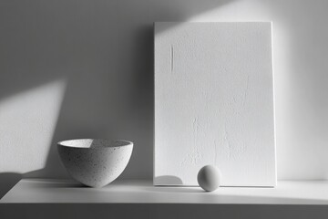 Poster - Minimalist Composition: An abstract arrangement featuring a textured, white surface complemented by a modern ceramic bowl and a small, rounded stone, illuminated by natural light.