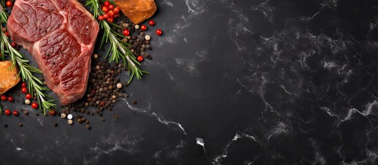 Aufkleber - Top view of a raw ribeye beef steak surrounded by assorted spices and herbs on a black marble background with ample space for text additions