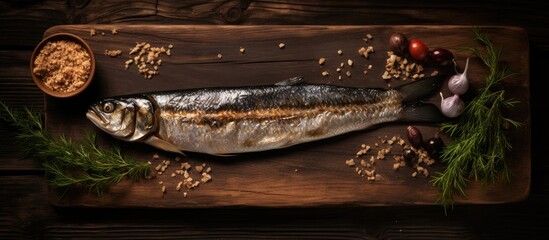 Aufkleber - Freshly caught fish displayed on a dark wooden surface with herbs and spices, featuring a gleaming silver skin and rustic presentation elements.