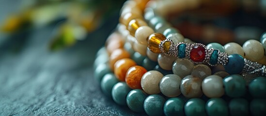 Poster - Colorful assortment of natural gemstone bracelets featuring turquoise, orange, and silver accents stacked against a textured blue background.