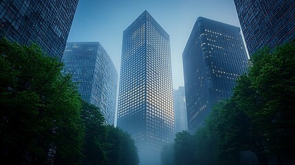 Aufkleber - Modern Skyscrapers Misty Morning Cityscape Business Finance