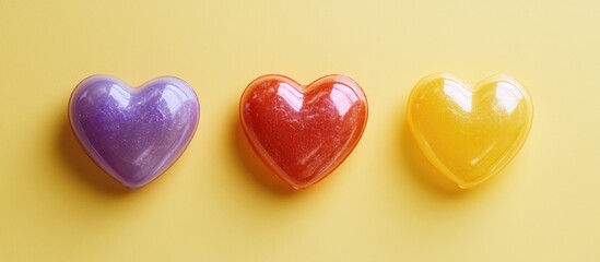 Poster - Colorful plastic hearts in purple, red, and yellow arranged horizontally on a soft pastel yellow background ideal for festive celebrations.
