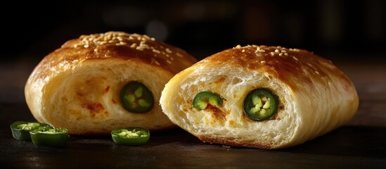 Poster - Golden brown jalapeno bread rolls positioned center with sliced jalapenos in the foreground, dark background enhancing textures and warmth.