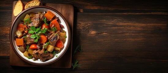 Poster - Bowl of hearty meat stew with colorful vegetables on a rustic wooden surface; ample copy space on the left for text and branding.