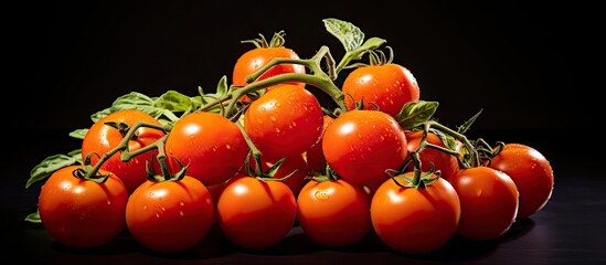 Poster - Fresh ripe tomatoes scattered on a dark wooden surface with vibrant orange color and green leaves accentuating their glossy texture