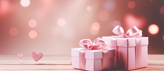 Poster - Three elegantly arranged pink gift boxes with satin ribbons on a soft pink wooden background, adorned with heart-shaped bokeh, ideal for Valentineâ€™s Day.