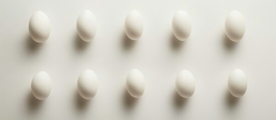 Aufkleber - Minimalistic arrangement of ten white chicken eggs on a soft white background highlighting their smooth texture and elegant simplicity.