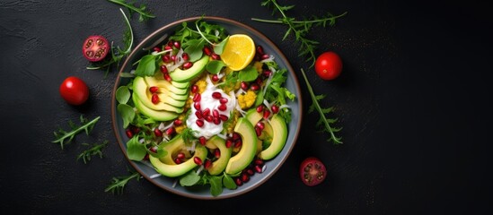 Poster - Fresh avocado salad with cherry tomatoes on a dark wooden surface featuring vibrant greens and scattered herbs, topped with lemon and pomegranate.