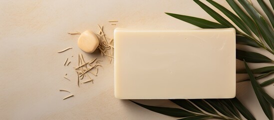 Poster - Minimalist composition featuring a creamy beige soap bar placed on a soft background with green leaves and scattered natural fibers in the scene.