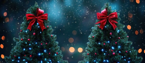 Aufkleber - Vibrant green Christmas trees with red bows and blue lights illuminated against a dark blue background creating a cheerful holiday ambiance