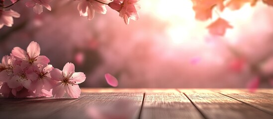 Poster - Wooden table surface with soft pink cherry blossoms at the edge, warm light background, empty space for product display or montage.