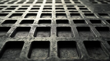 Poster - Metallic Grid: An industrial close-up of a textured metallic grid with a pattern of square openings, demonstrating the strength, durability and urban design.
